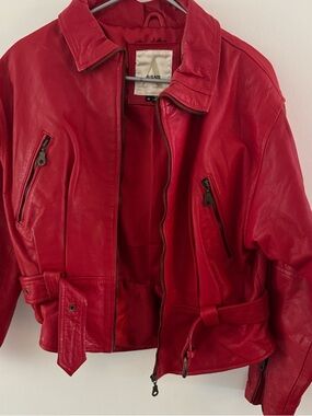 Avanti Bright Red Leather Bomber with Belted Waist - Women's